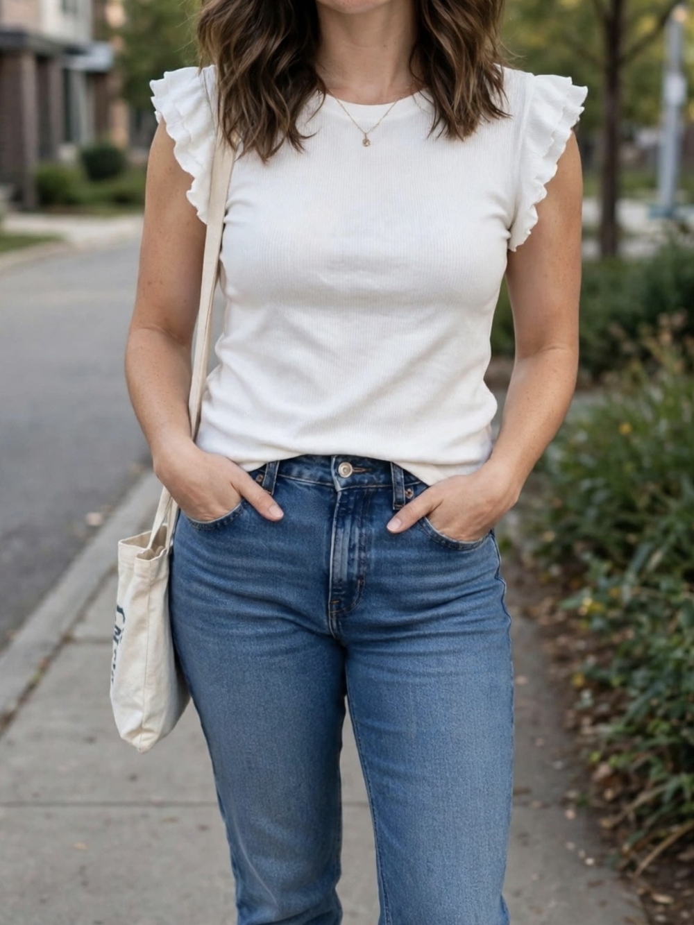 Express White Ruffled Cap Sleeve Ribbed Tank